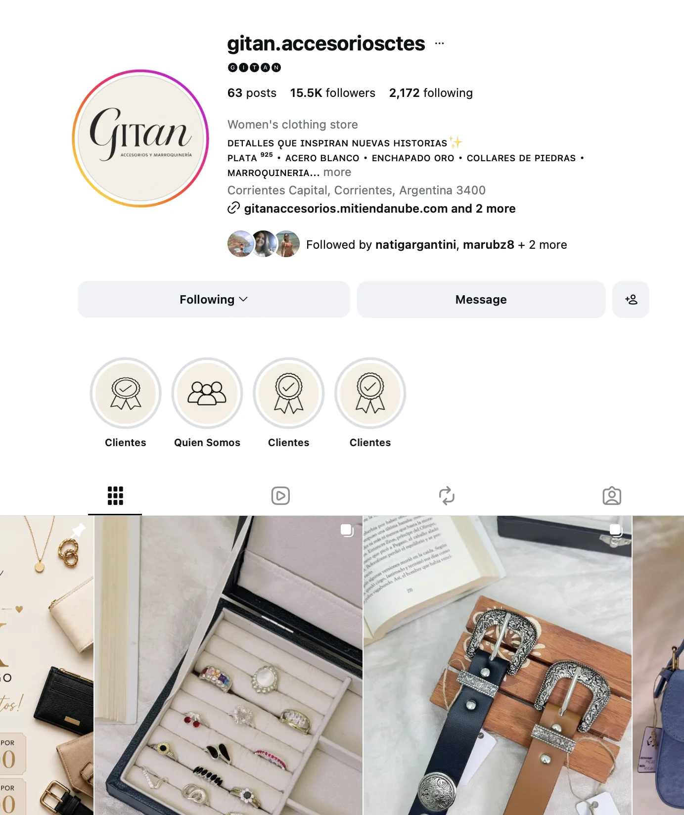 Gitan Accesorios Instagram profile with 15.5K followers