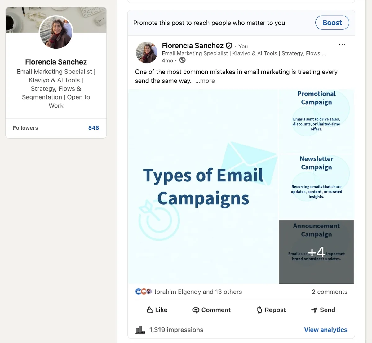 LinkedIn post with 1,319 impressions