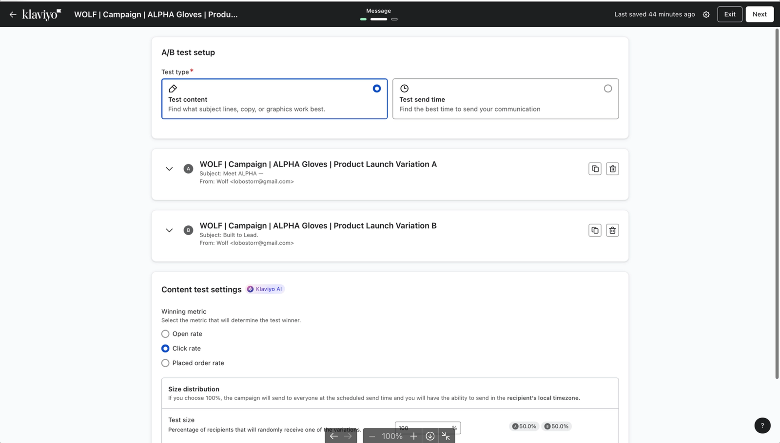 Wolf ALPHA campaign subject line A/B test setup in Klaviyo