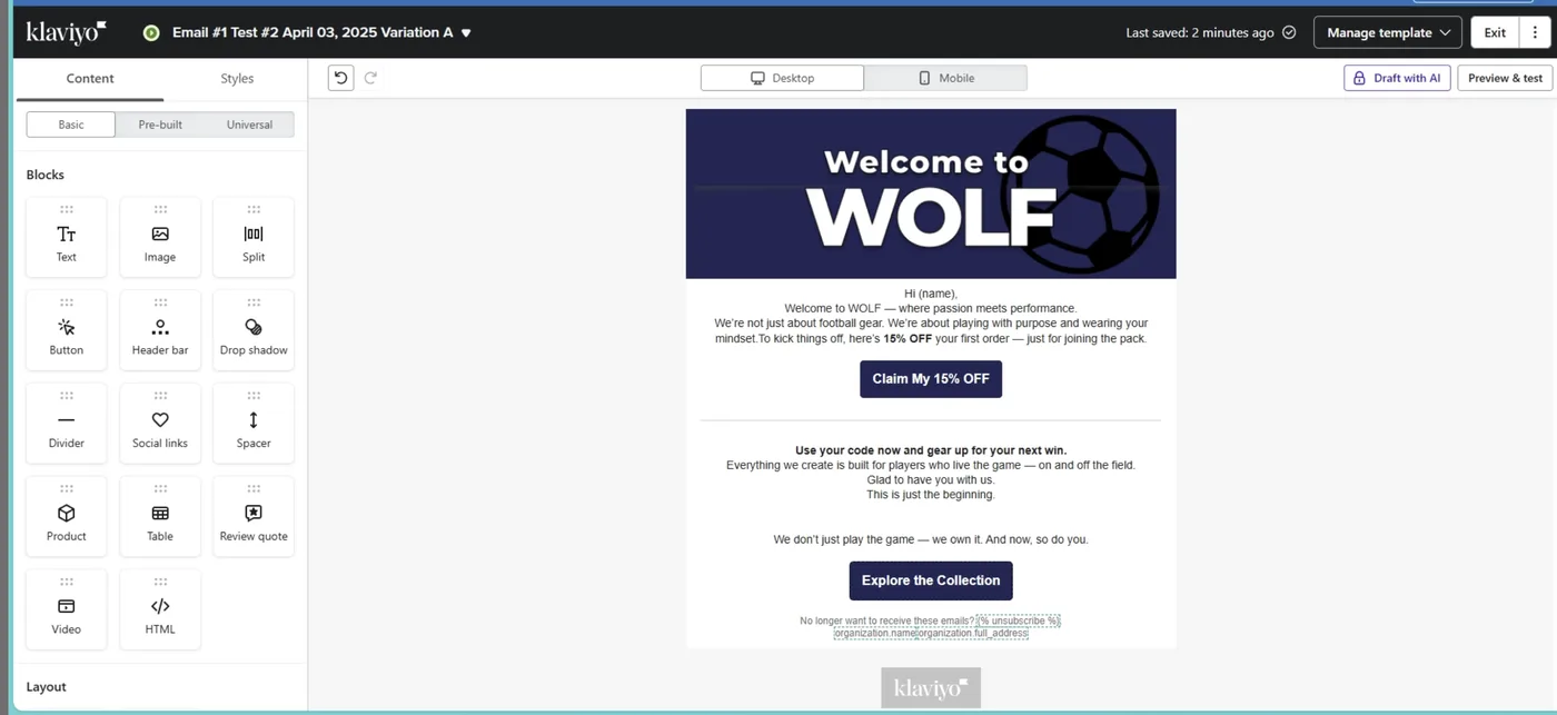 Wolf welcome email built in Klaviyo